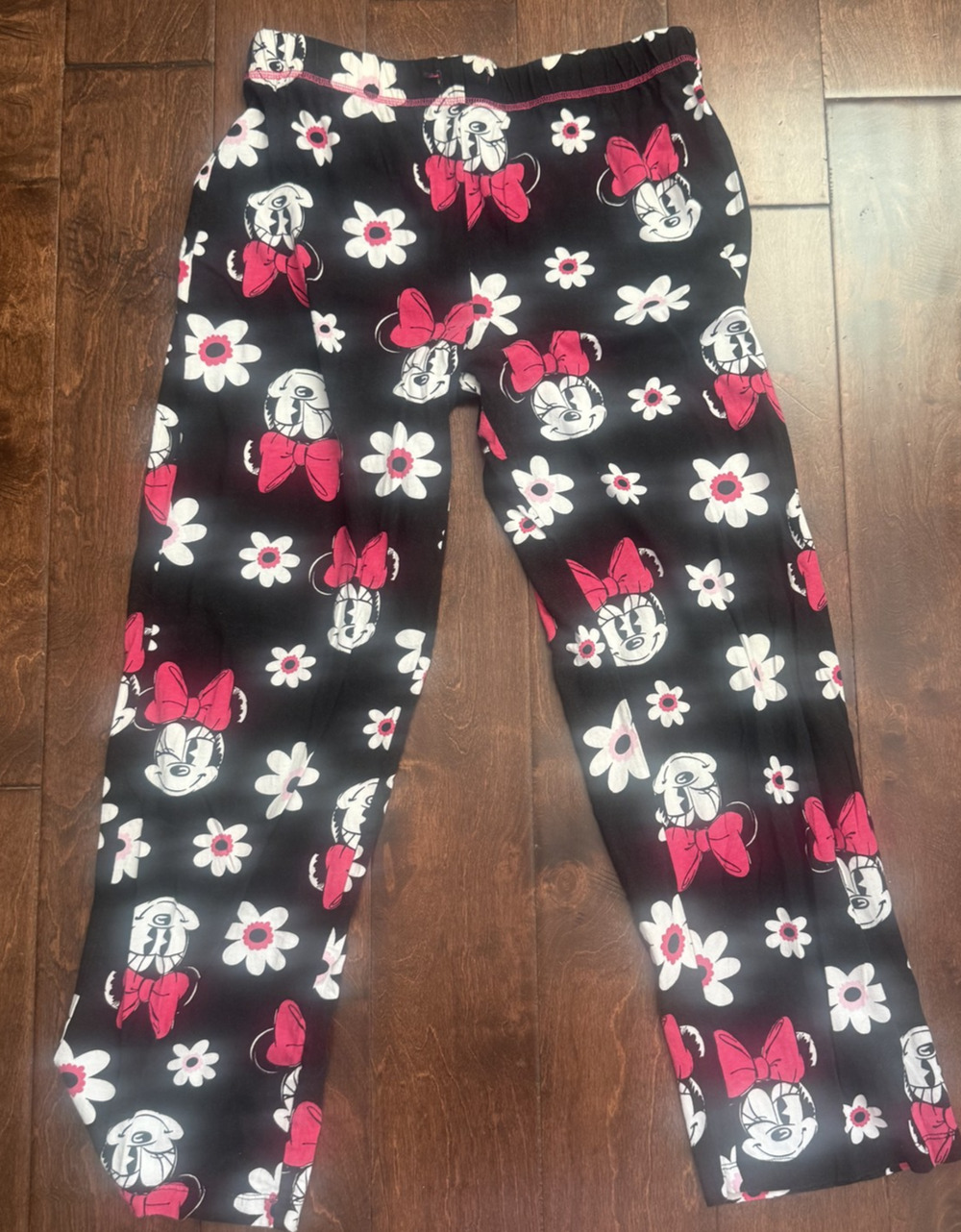 Disney Minnie Mouse Pajama Pants Womens Black Pink White Floral Cotton Sz 12-14